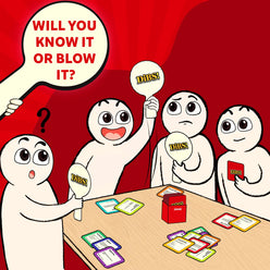 Cartoon game night scene for DiBS! Exciting Trivia Game, fun for ages 8+