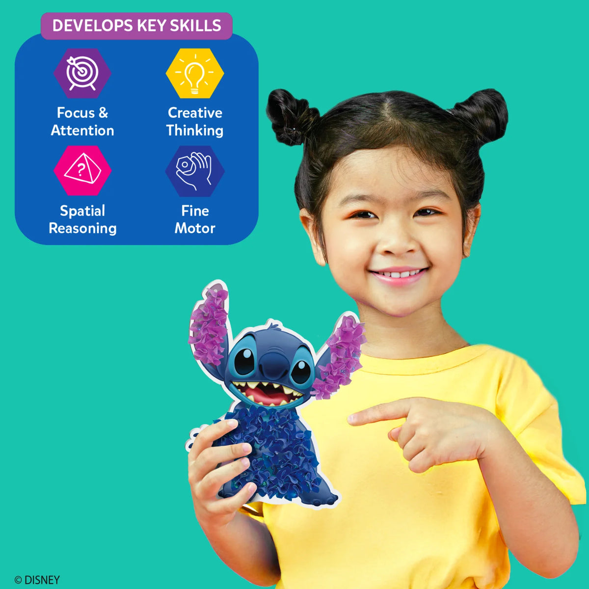 Young child holding a blue and purple textured Stitch toy from Poke-in Art Lilo & Stitch