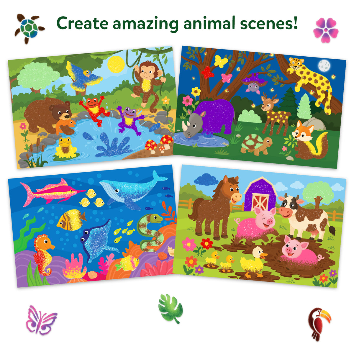 Skillmatics Spraybrush Art displays four colourful animal scene boards featuring jungle and pond animals, forest wildlife, underwater creatures, and farm animals. Bright illustrations include bears, frogs, monkeys, fish, horses, pigs, and ducks, surrounded by vibrant natural habitats.