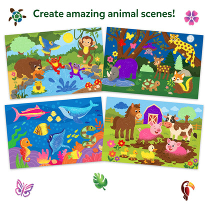 Skillmatics Spraybrush Art displays four colourful animal scene boards featuring jungle and pond animals, forest wildlife, underwater creatures, and farm animals. Bright illustrations include bears, frogs, monkeys, fish, horses, pigs, and ducks, surrounded by vibrant natural habitats.