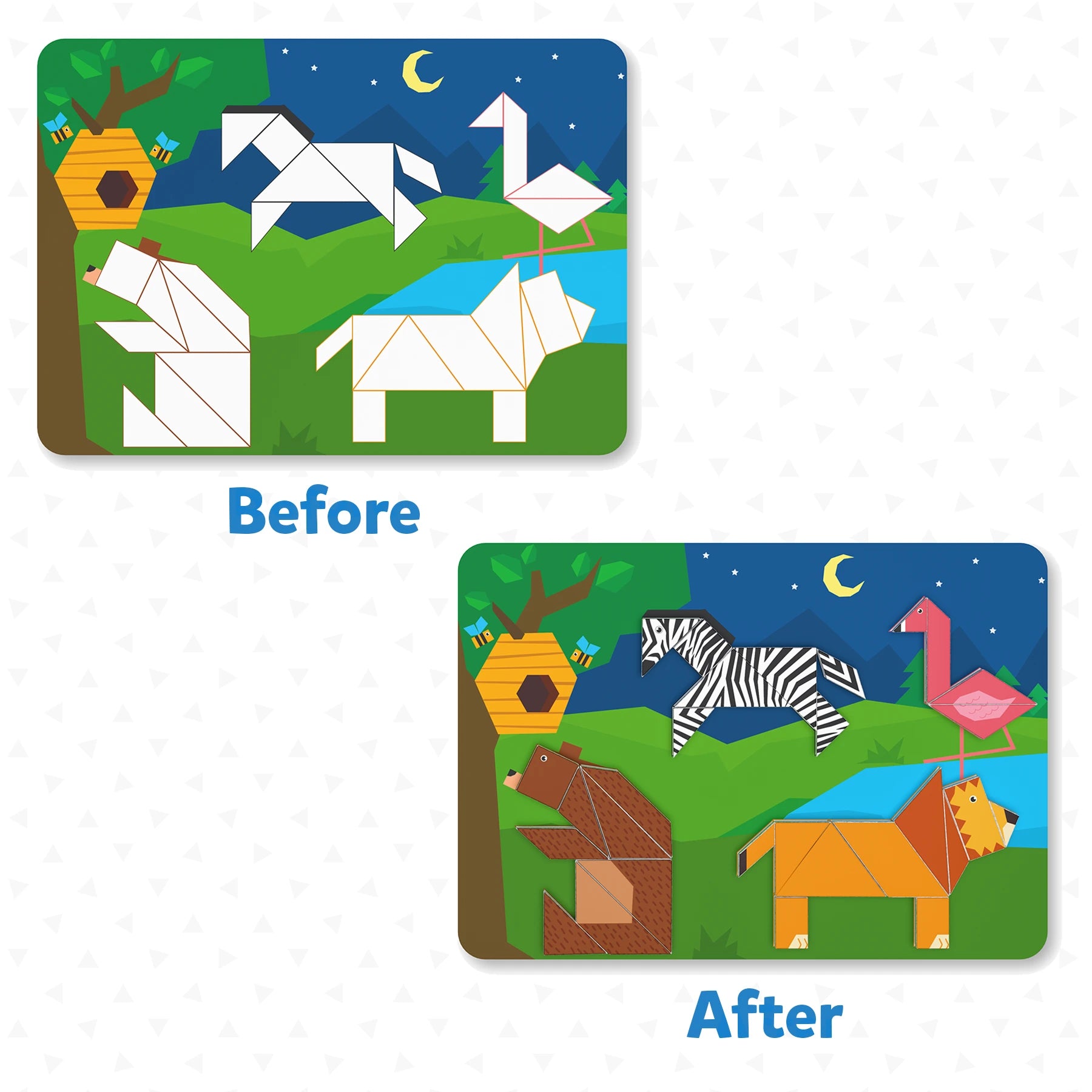 Before-and-after animal tangram puzzle for kids ages 4-7 in Tangram Twist sticker art