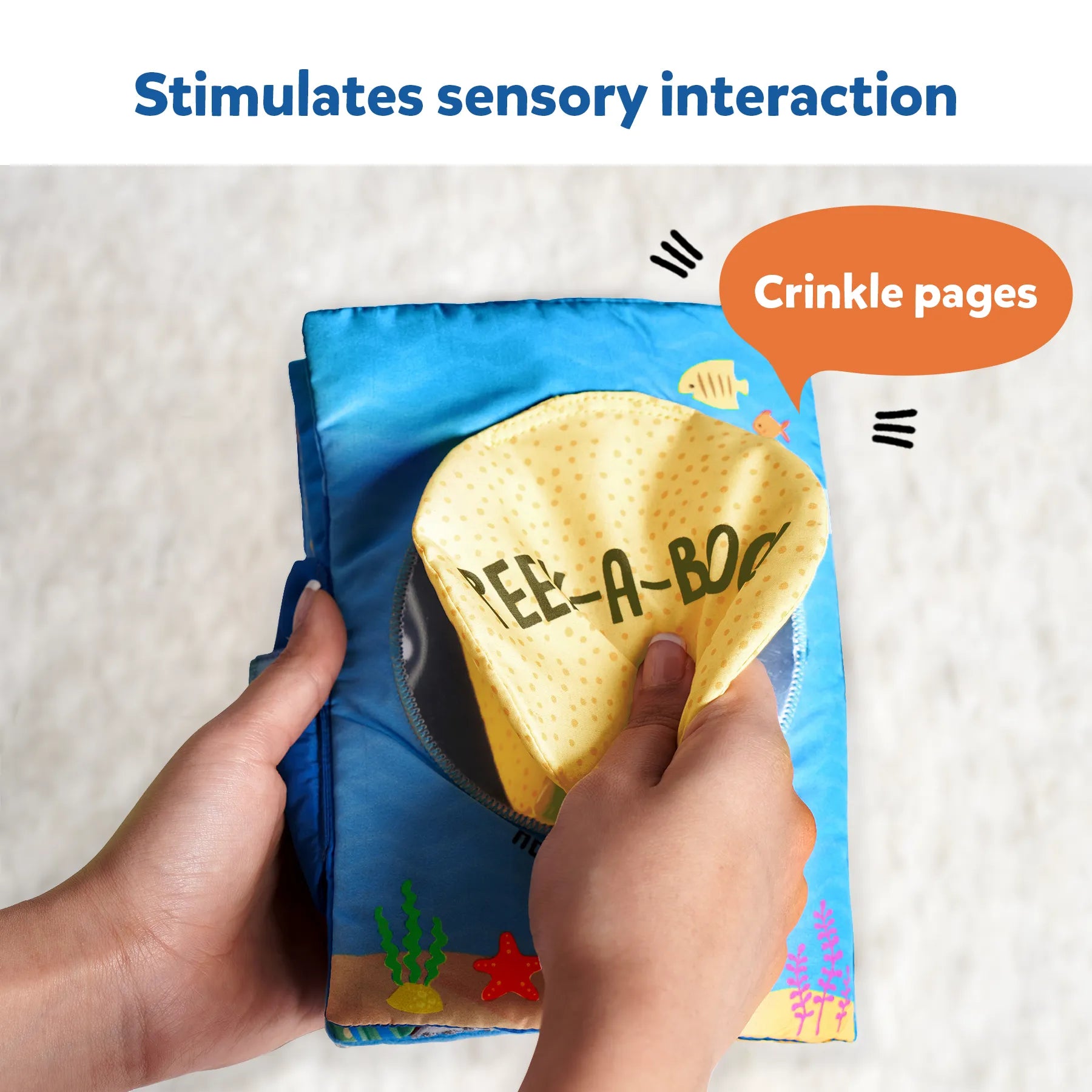 Blue fabric baby book featuring underwater animals from Peek-A-Boo Interactive Cloth Book