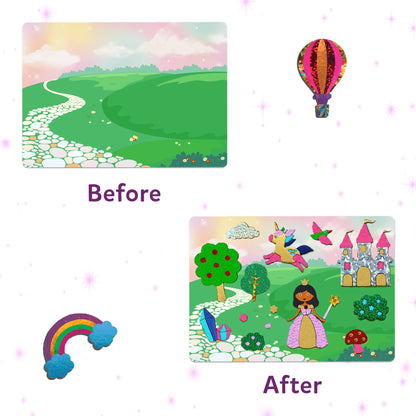 Before-and-after fairy tale scene with Unicorn and Princess from Foil Fun Art Kit