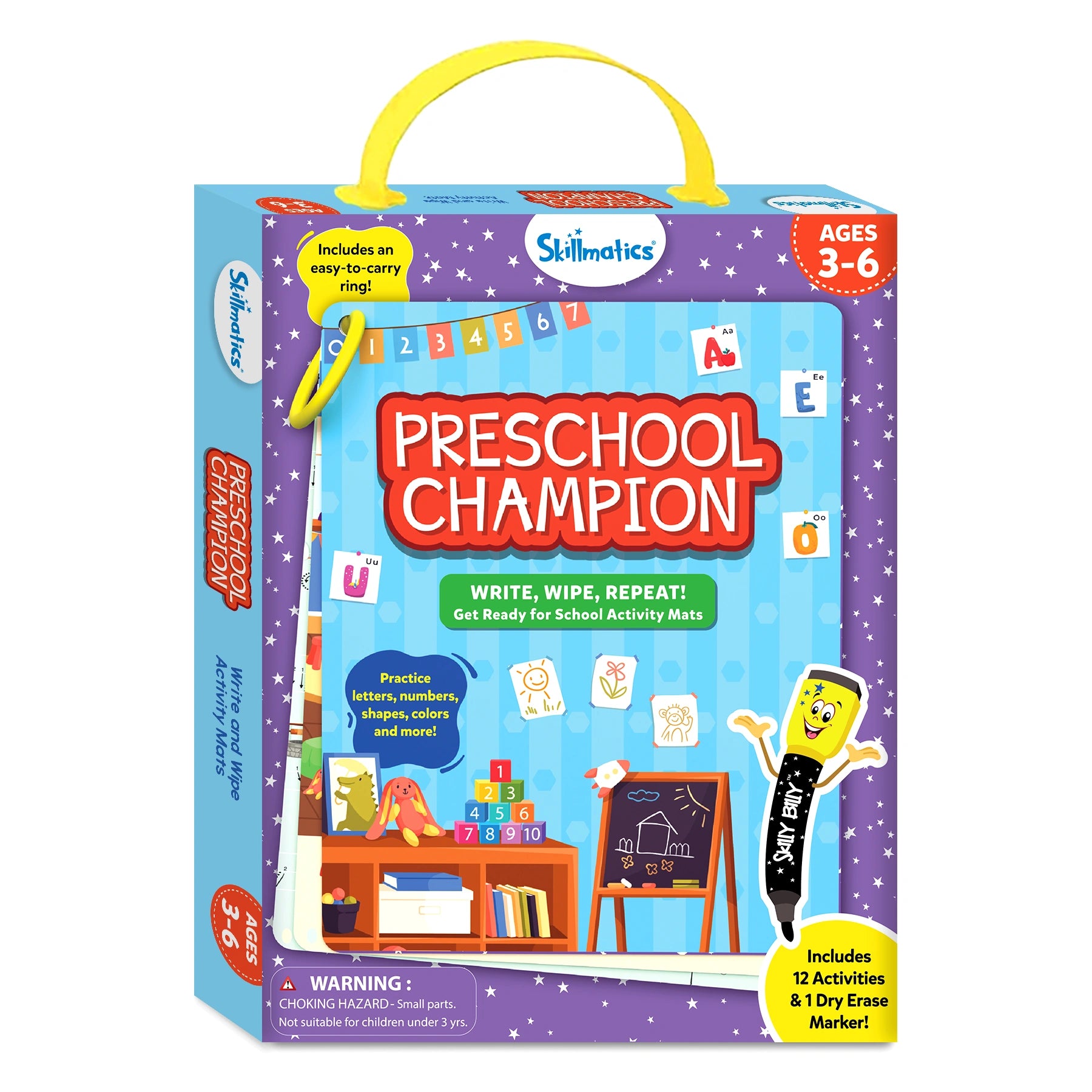 Angled view of the Skillmatics Preschool Champion front packaging. The box shows colorful illustrations of letters, numbers, and classroom items, with callouts about included activities and materials.