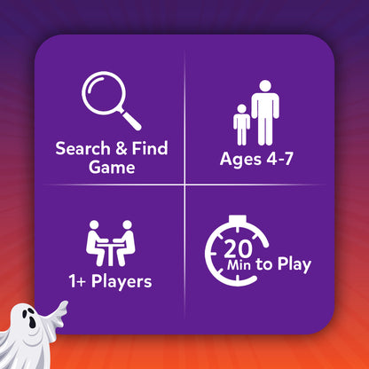 Purple-bordered Found It Halloween Edition game box outlining game type, age range, players, and play time