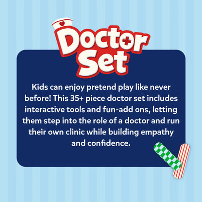 Skillmatics Doctor Set promotional graphic featuring the product logo and a description of the 35+ piece pretend doctor kit. The design highlights interactive medical tools, role-play clinic activities, and confidence-building play, with decorative bandage illustrations on a blue striped background.