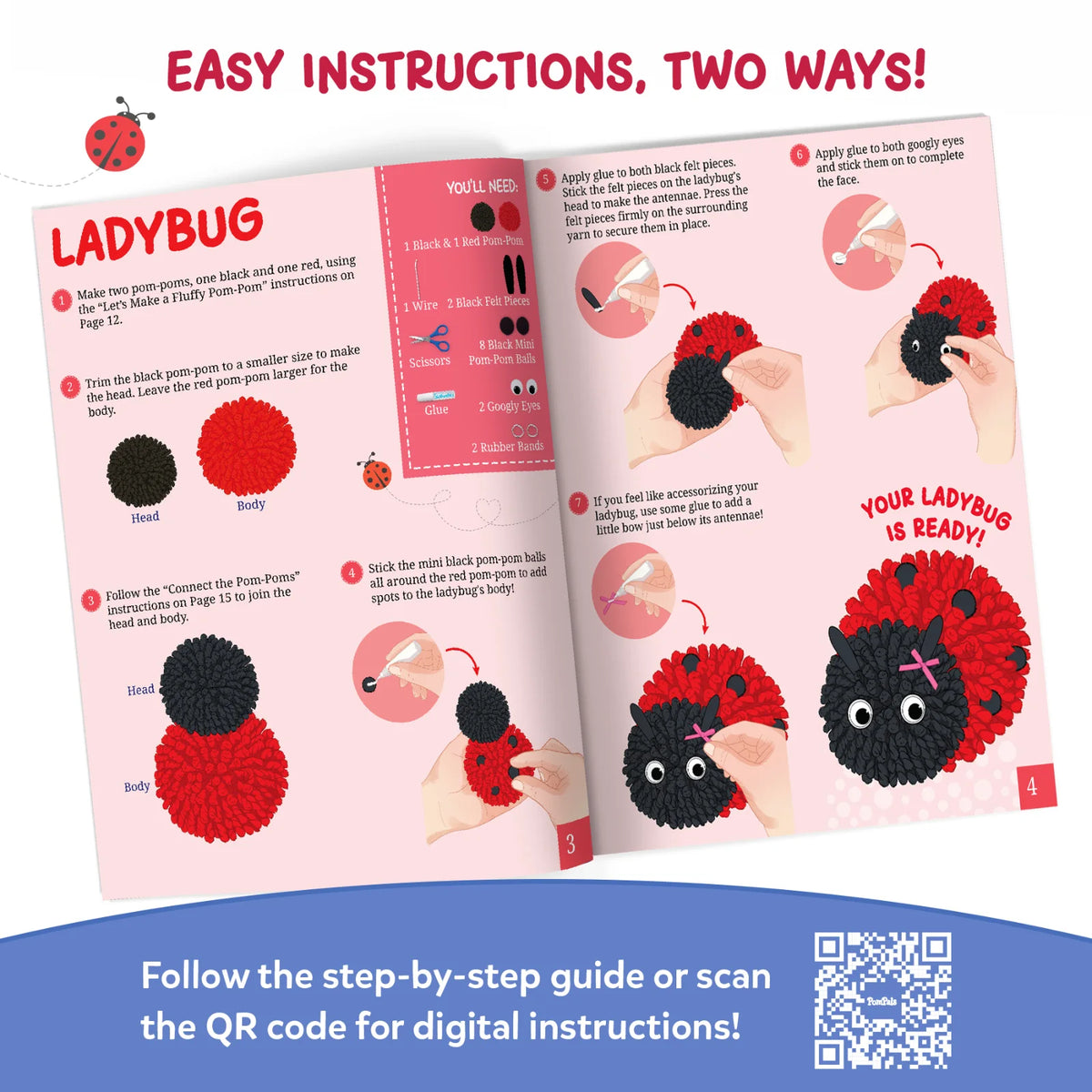 Skillmatics PomPals instruction booklet demonstrates how to make a red-and-black pom-pom ladybug using yarn, felt pieces, googly eyes and glue. Illustrated steps show joining the pom-poms, attaching antennae and spots, and adding a pink bow. A QR code links to digital instructions.