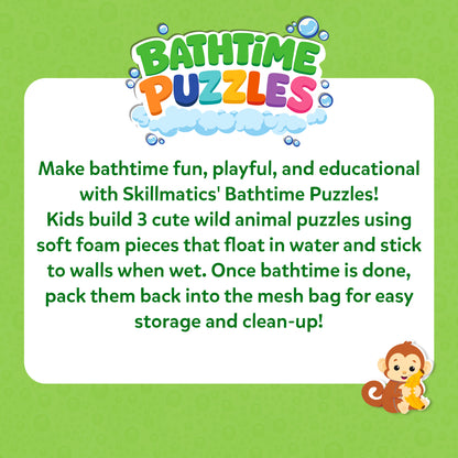 Skillmatics Bathtime Puzzles information graphic with a colorful logo on a green bubble-themed background. Text explains that children build three wild animal puzzles using soft foam pieces that float in water, stick to wet walls, and store neatly in the included mesh bag after bath time.