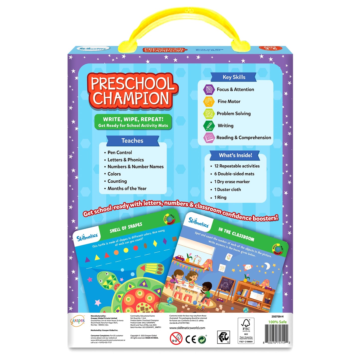 Back packaging of Skillmatics Preschool Champion. It lists key skills such as focus, fine motor, problem solving, writing, and reading comprehension, along with what’s inside: 12 repeatable activities, six double-sided mats, a dry-erase marker, a duster cloth, and a ring. Illustrations of activity mats are displayed at the bottom.