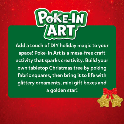  Skillmatics Poke-In Art graphic on a red festive background with the logo and a green text panel describing the mess-free craft. The panel explains building a tabletop Christmas tree by poking fabric squares and decorating it with glitter ornaments, mini gift boxes and a golden star.