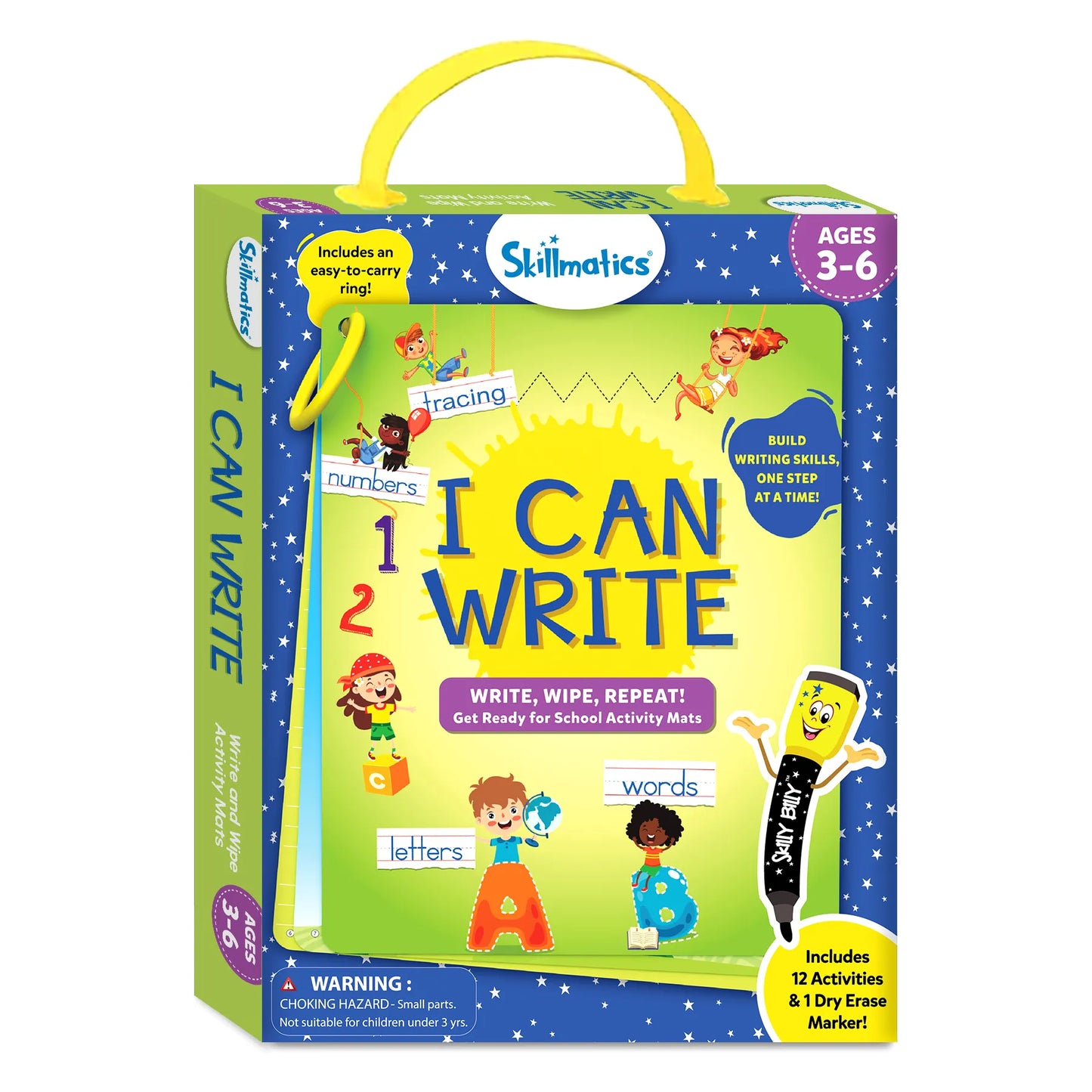 Angled view of Skillmatics I Can Write box for ages 3–6. Features bright design with children, letters, and numbers. Highlights: “Includes 12 Activities & 1 Dry Erase Marker” and “Write, Wipe, Repeat!” for skill-building fun.