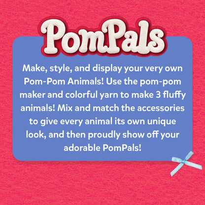 Skillmatics PomPals craft kit introduction featuring a textured red background, plush PomPals logo and blue information panel. White text explains how to make and style three yarn animals using a pom-pom maker and accessories, with a blue ribbon embellishment at the bottom right.