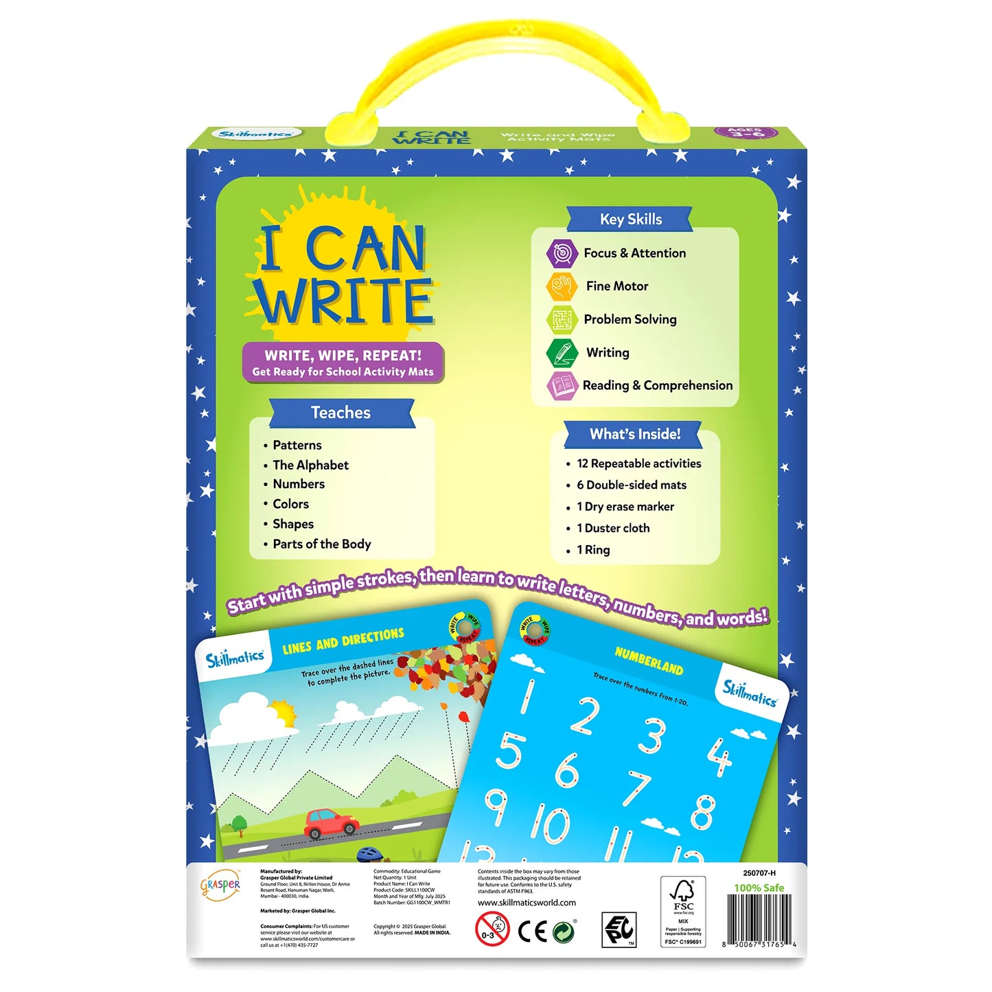 Back of Skillmatics I Can Write packaging. Lists what’s included: 12 repeatable activities, 6 double-sided mats, dry-erase marker, duster cloth, and carry ring. Teaches patterns, alphabet, numbers, colors, shapes, and parts of the body. Emphasizes key skills like focus, problem-solving, and fine motor development.