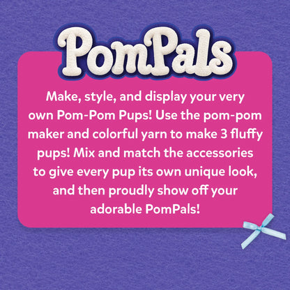 Skillmatics PomPals craft kit description on a pink panel against a purple textured background. The text explains how children can make, style and display three fluffy pom-pom puppies using colourful yarn and mix-and-match accessories, with a decorative blue ribbon in the lower-right corner.