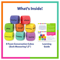 Colorful foam conversation cubes with words and a learning guide on a white background