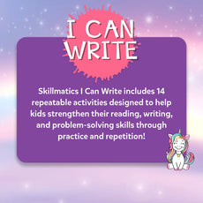 Purple writing workbook from I Can Write Unicorn Edition reusable activity mats for ages 3-6