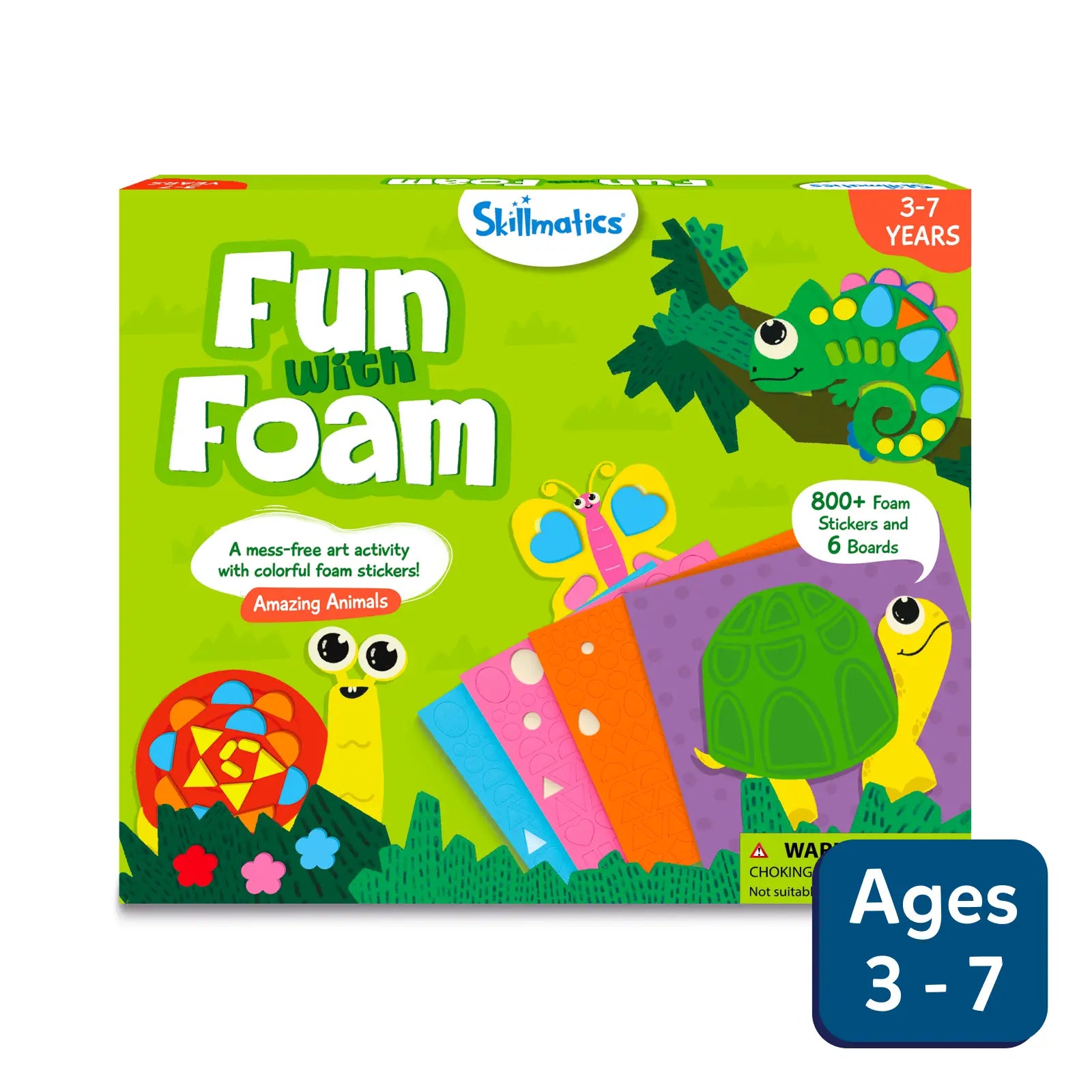 Packaging for 'Fun with Foam: Amazing Animals' sticker art activity for ages 3-7, showing colorful animal stickers and the text indicating the number of stickers and the age range.