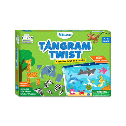 Tangram Twist game box featuring amazing animal sticker art for ages 4 to 7