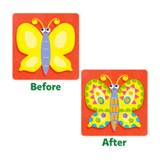 Butterfly art before and after using Fun with Foam Amazing Animals sticker kit for ages 3-7