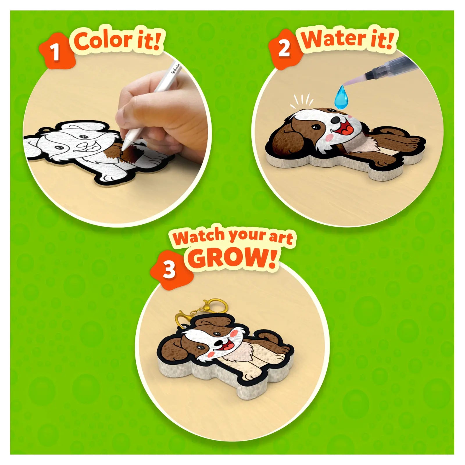 Color-and-grow dog keychain instructions for Aqua Puffs Animal Friends 3D Art Kit