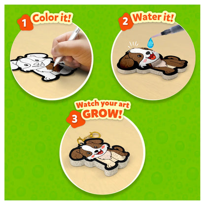 Color-and-grow dog keychain instructions for Aqua Puffs Animal Friends 3D Art Kit