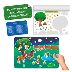 Educational children's board with tree, animals, and text about building language and grammar skills.
