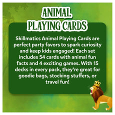 Advertisement for Skillmatics Animal Playing Cards with a lion illustration on a green background