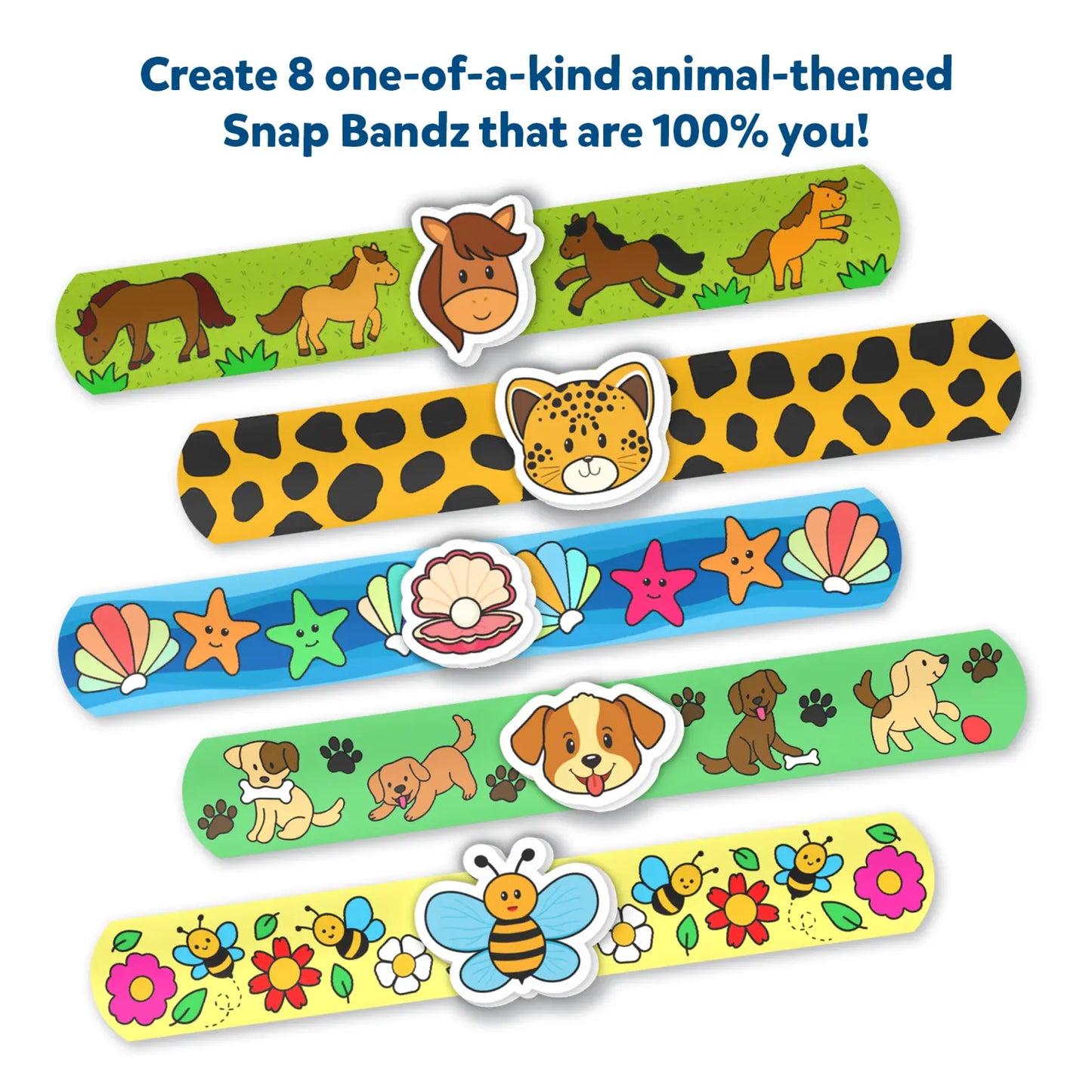 Animal-themed snap bracelets from Snap Bandz Animal Friends craft kit for kids