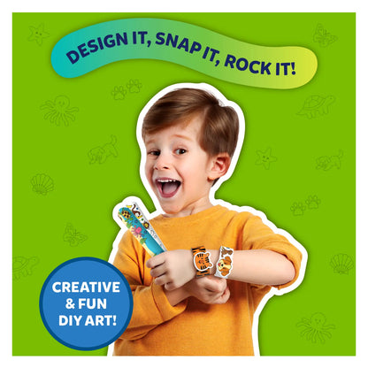 Smiling boy wearing decorated Snap Bandz Animal Friends slap bracelets from Art & Craft Kit