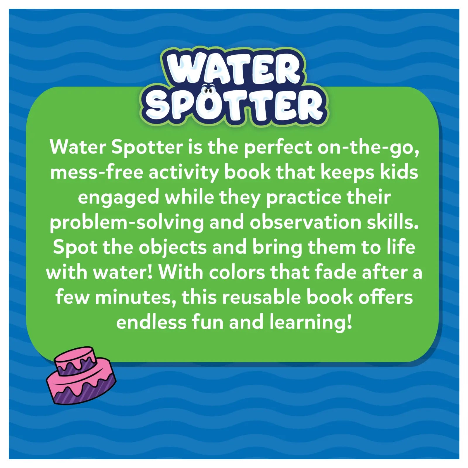 Informational advertisement for Water Spotter Animals At Play reusable water activity book