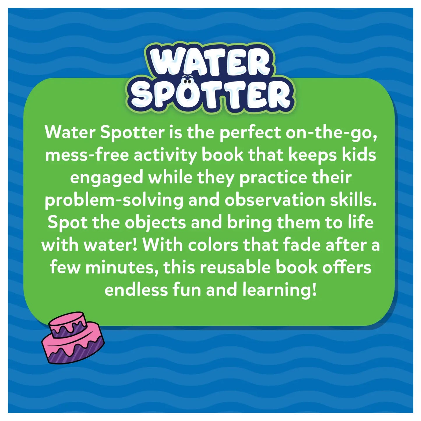 Informational advertisement for Water Spotter Animals At Play reusable water activity book