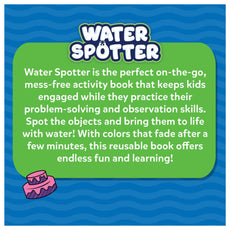 Informational advertisement for Water Spotter Animals At Play reusable water activity book