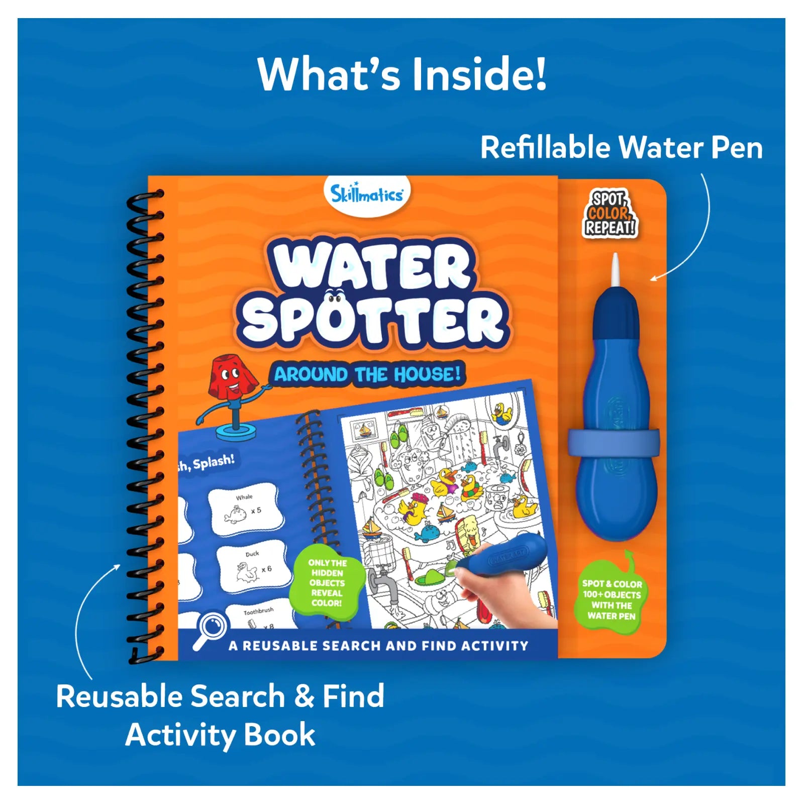 Water-reveal activity book with refillable pen from Water Spotter Around The House for kids