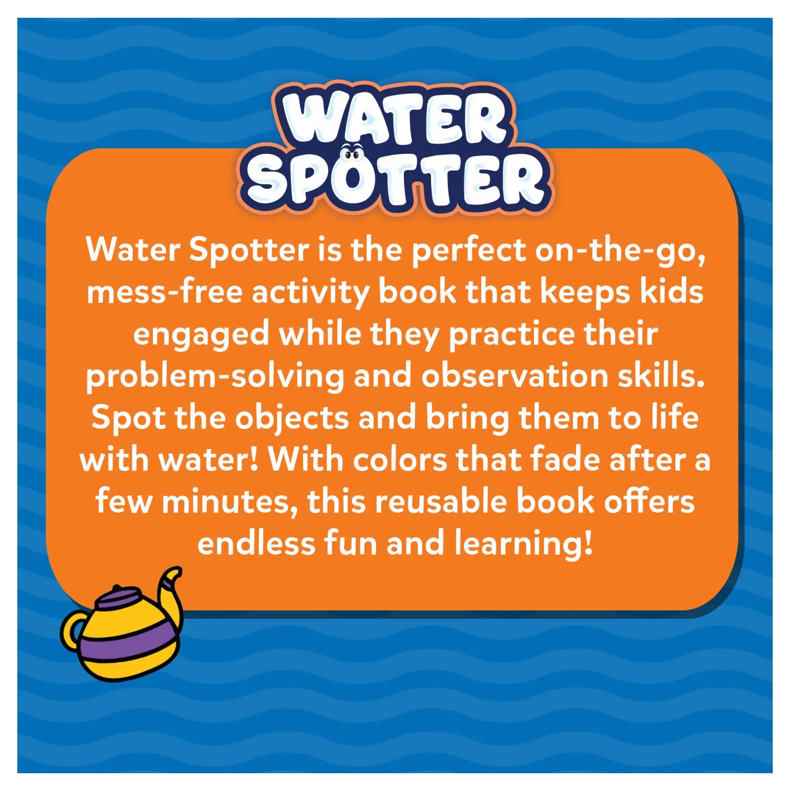 Informational advertisement for Water Spotter Reusable Search & Find Book for ages 4-8
