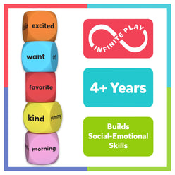 Colorful dice with words and educational text, featuring the Infinite Play logo.