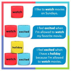 Colorful blocks with text about watching movies and holidays on a white background