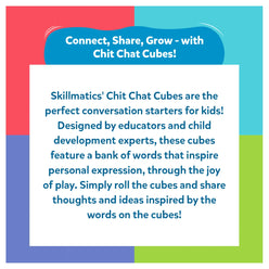 Promotional text for Skillmatics' Chit Chat Cubes with colorful border