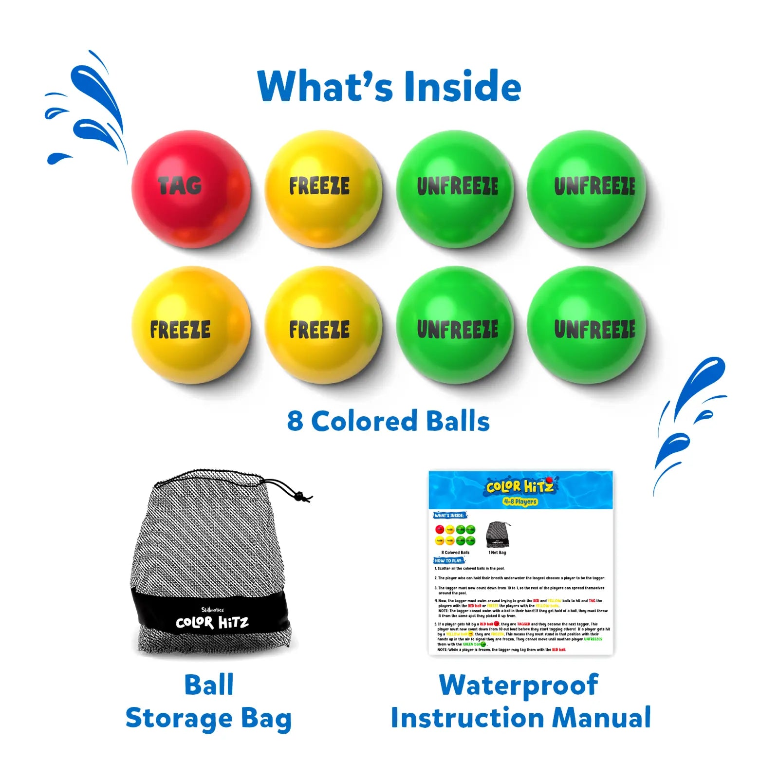 Color-coded game balls with storage bag and instructions for Color Hitz outdoor game