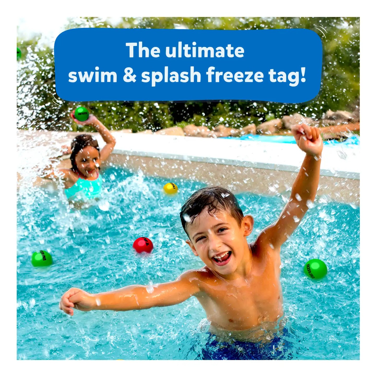 Children playing freeze tag in a pool with Color Hitz water gear