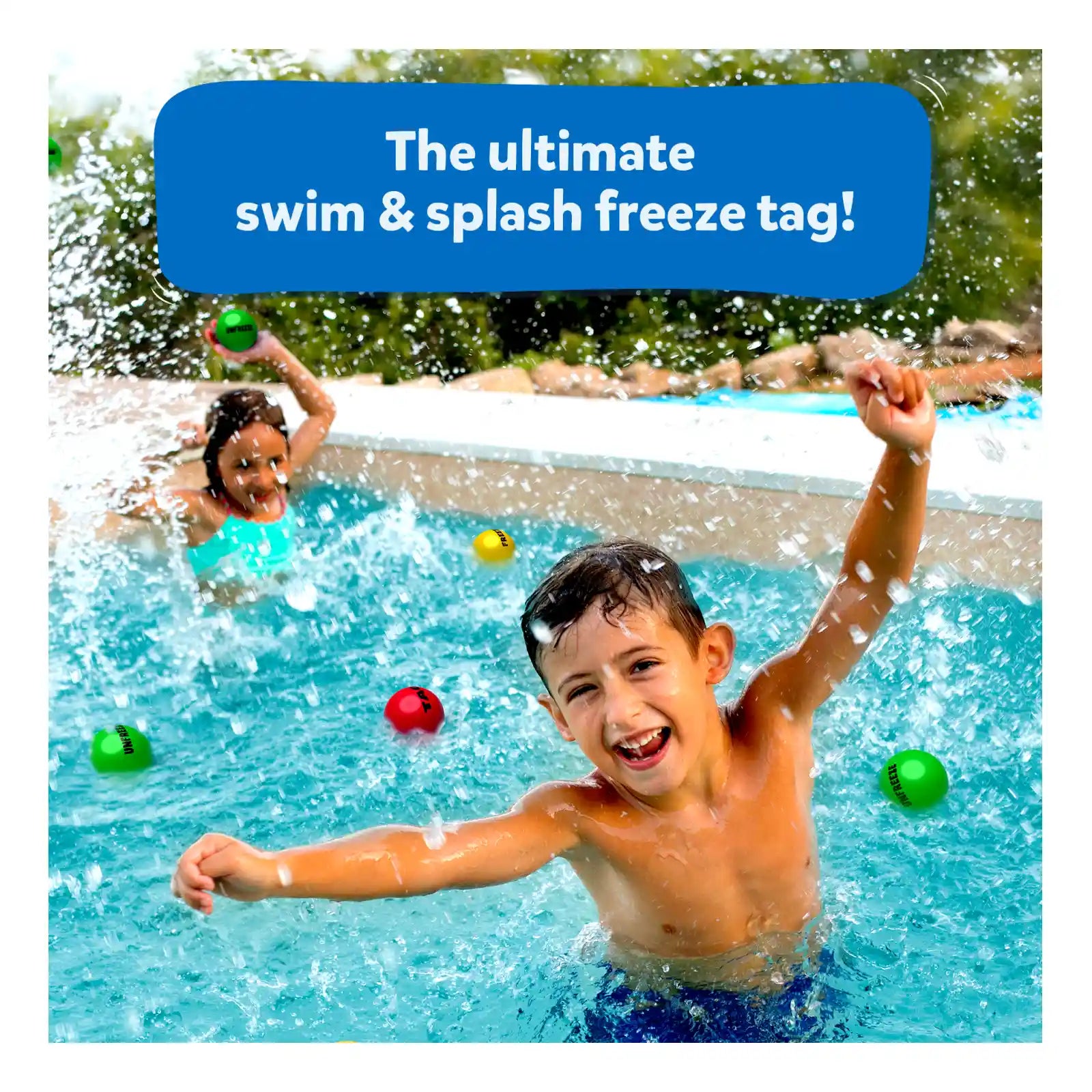 Children playing in a pool with Color Hitz Swim & Splash Freeze Tag game