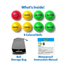 Color-coded game balls with storage bag and instructions for Color Hitz Swim & Splash Freeze Tag