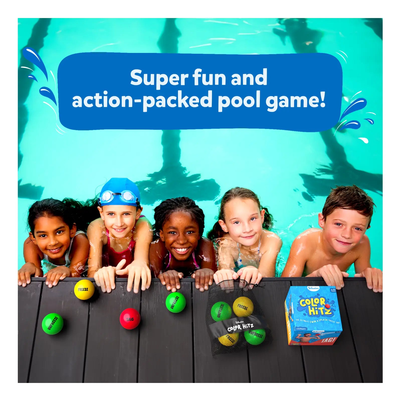 Colorful balls in a pool game for kids aged 6+ in Color Hitz Swim Splash Freeze Tag