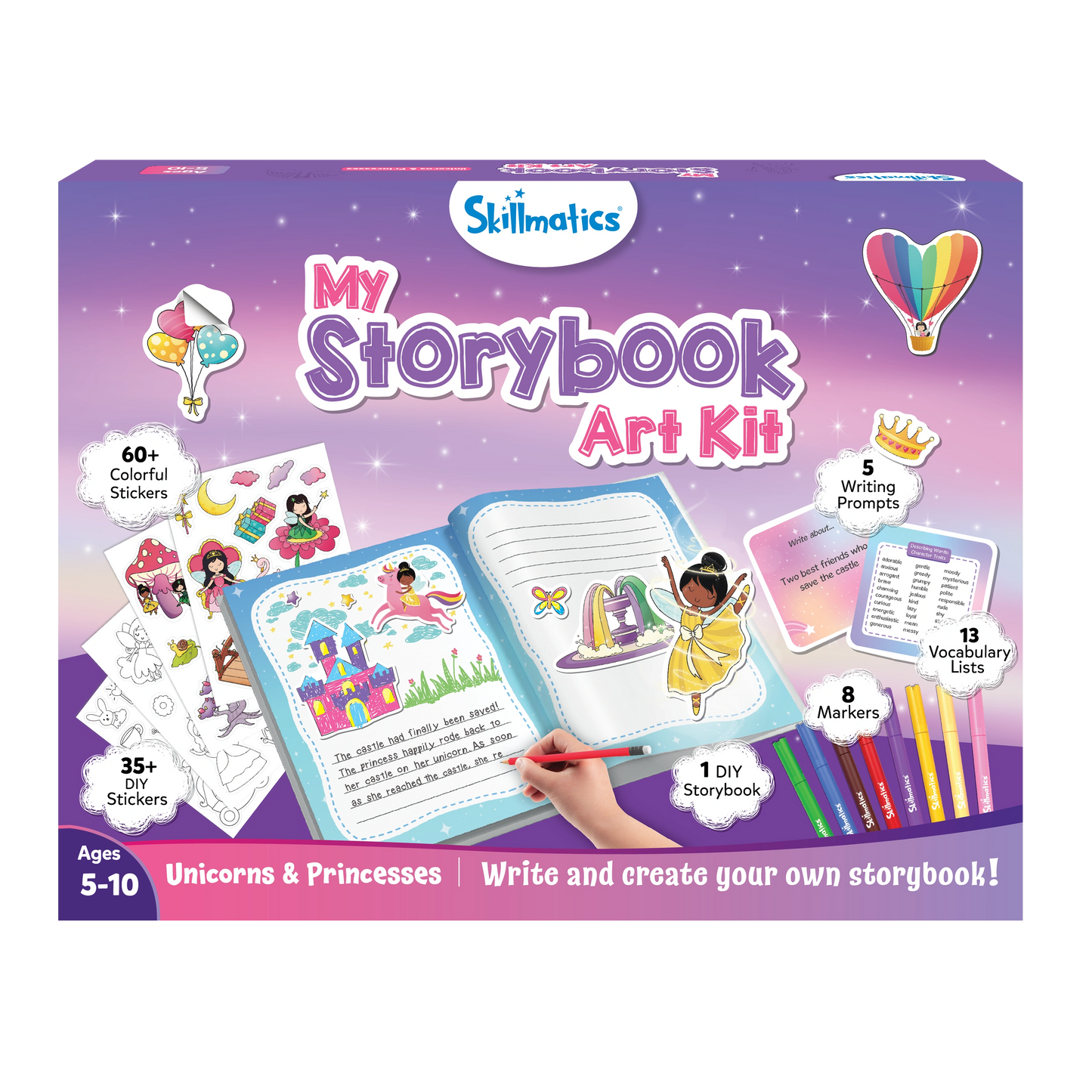 Skillmatics My Storybook Art Kit box for kids ages 5–10. The kit is themed around unicorns and princesses and includes a DIY storybook, colorful markers, vocabulary lists, writing prompts, and over 90 stickers to help children write and create their own storybook.