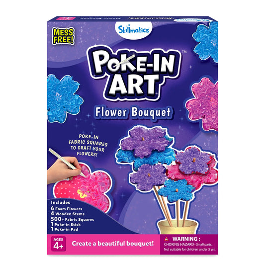 Skillmatics Poke-In Art Flower Bouquet craft kit packaging. The purple box shows colorful fabric flowers in shades of pink, blue, and purple. Text highlights “Mess Free” and “Poke-in fabric squares to craft your flowers!” Includes 6 foam flowers, 4 wooden stems, 500+ fabric squares, 1 poke-in stick, and 1 poke-in pad. Suitable for ages 4+.