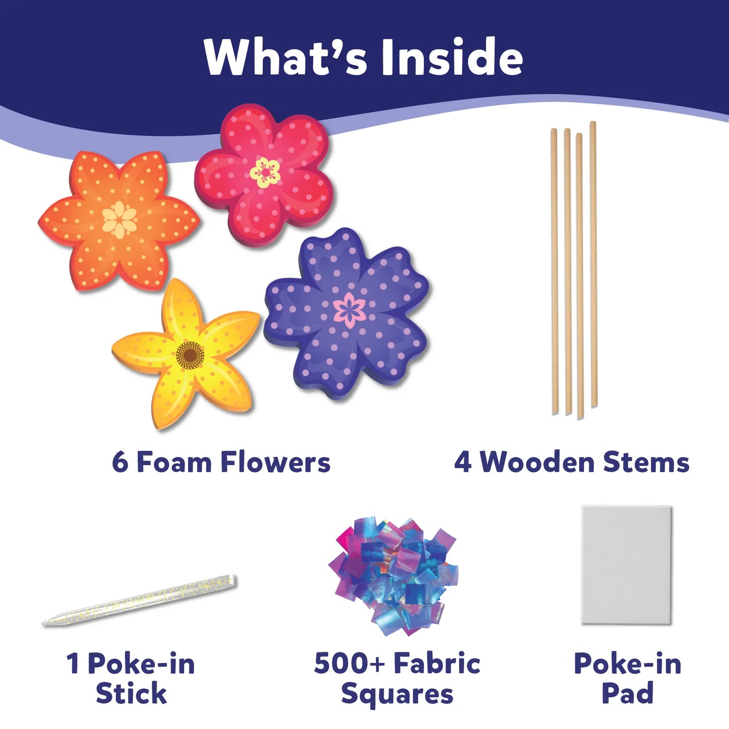 Contents of the Poke-In Art Flower Bouquet kit displayed on a white background. Includes 6 colorful foam flower cutouts, 4 wooden stems, 1 poke-in stick, 500+ small fabric squares in pink, blue, and purple, and 1 poke-in pad.