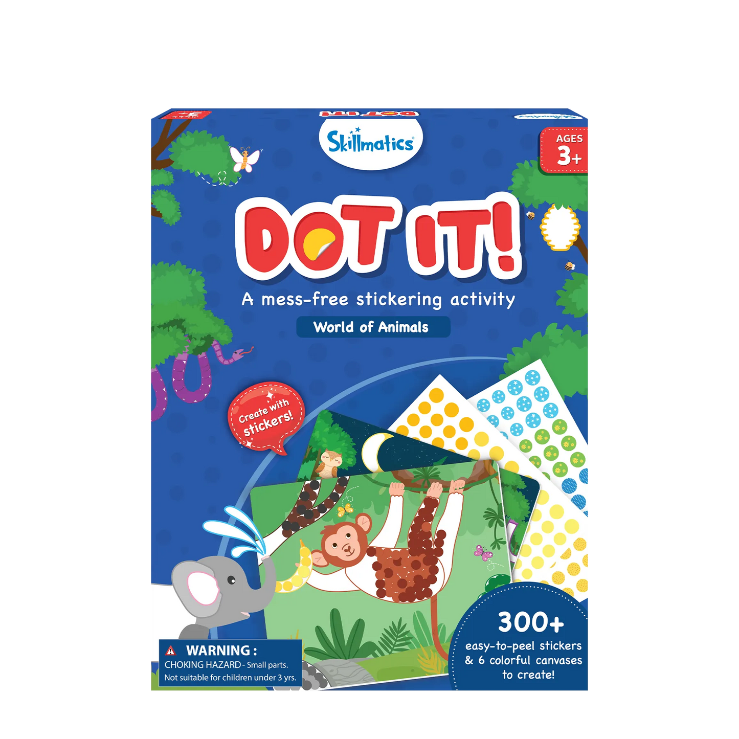 A mess-free stickering activity” for ages 3 and up. The kit includes 300+ easy-to-peel colorful dot stickers and 6 animal-themed canvases to decorate. Shown on the box are sticker sheets in yellow, green, and blue, and a monkey artwork in progress.