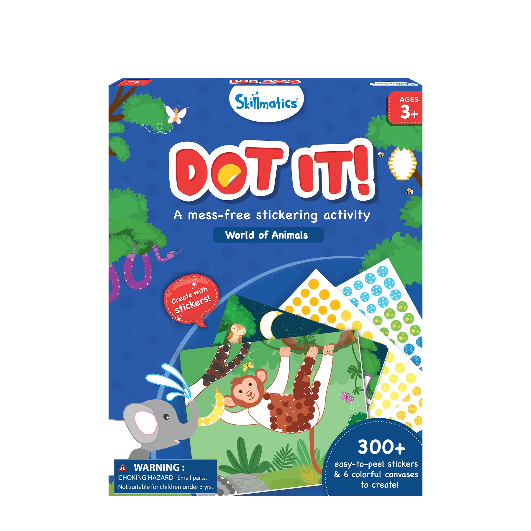 A mess-free stickering activity” for ages 3 and up. The kit includes 300+ easy-to-peel colorful dot stickers and 6 animal-themed canvases to decorate. Shown on the box are sticker sheets in yellow, green, and blue, and a monkey artwork in progress.