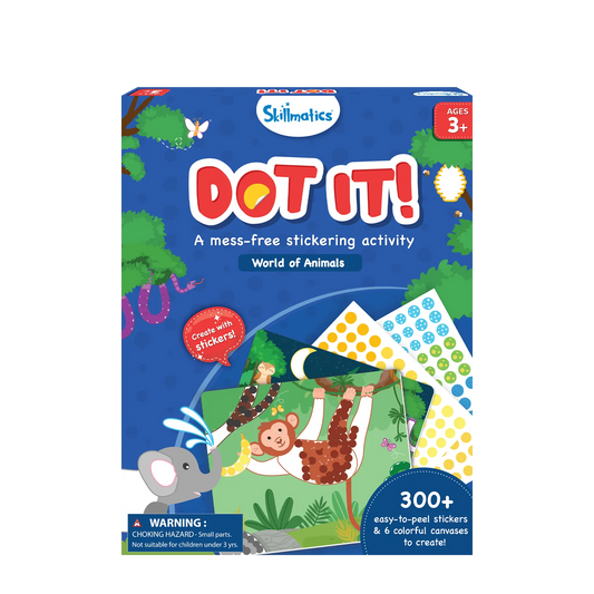A mess-free stickering activity” for ages 3 and up. The kit includes 300+ easy-to-peel colorful dot stickers and 6 animal-themed canvases to decorate. Shown on the box are sticker sheets in yellow, green, and blue, and a monkey artwork in progress.