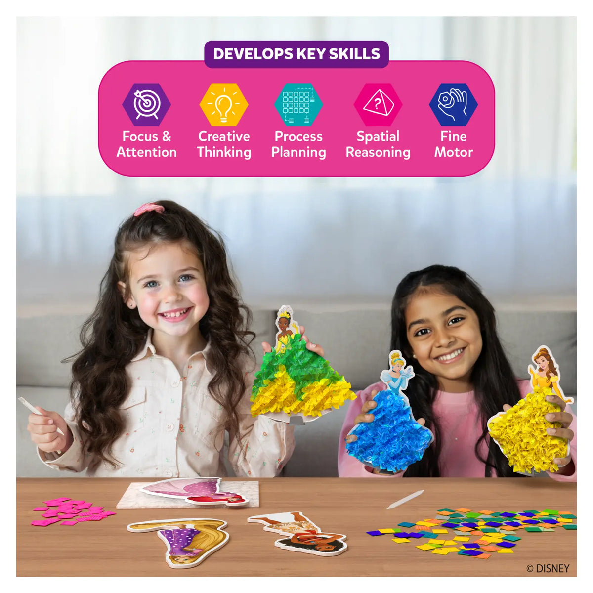 Children’s craft kit for designing Disney Princess dresses with mess-free art for kids ages 4 to 9