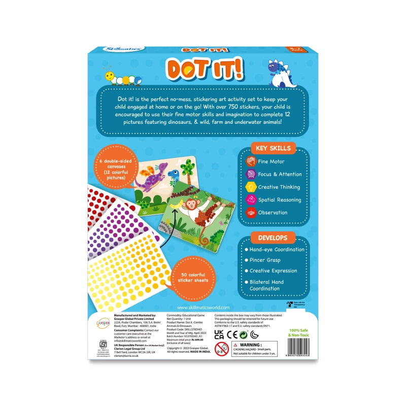 Dot It sticker art activity set with animal and dinosaur themed designs for kids age 3-7
